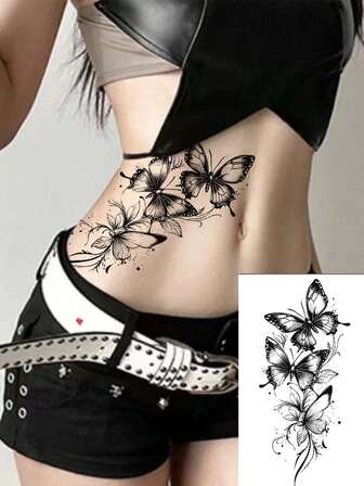 1pc Elegant Sexy 3 Butterfly Tattoo Sticker, Fashionable Floral Design, Novel Black Temporary Tattoo, Waterproof & Sweatproof, Realistic, Suitable For Waist, Leg, Arm Etc., Unisex, Lasts 7-14 Days, Easy To Apply And Remove, Can Cover Scars