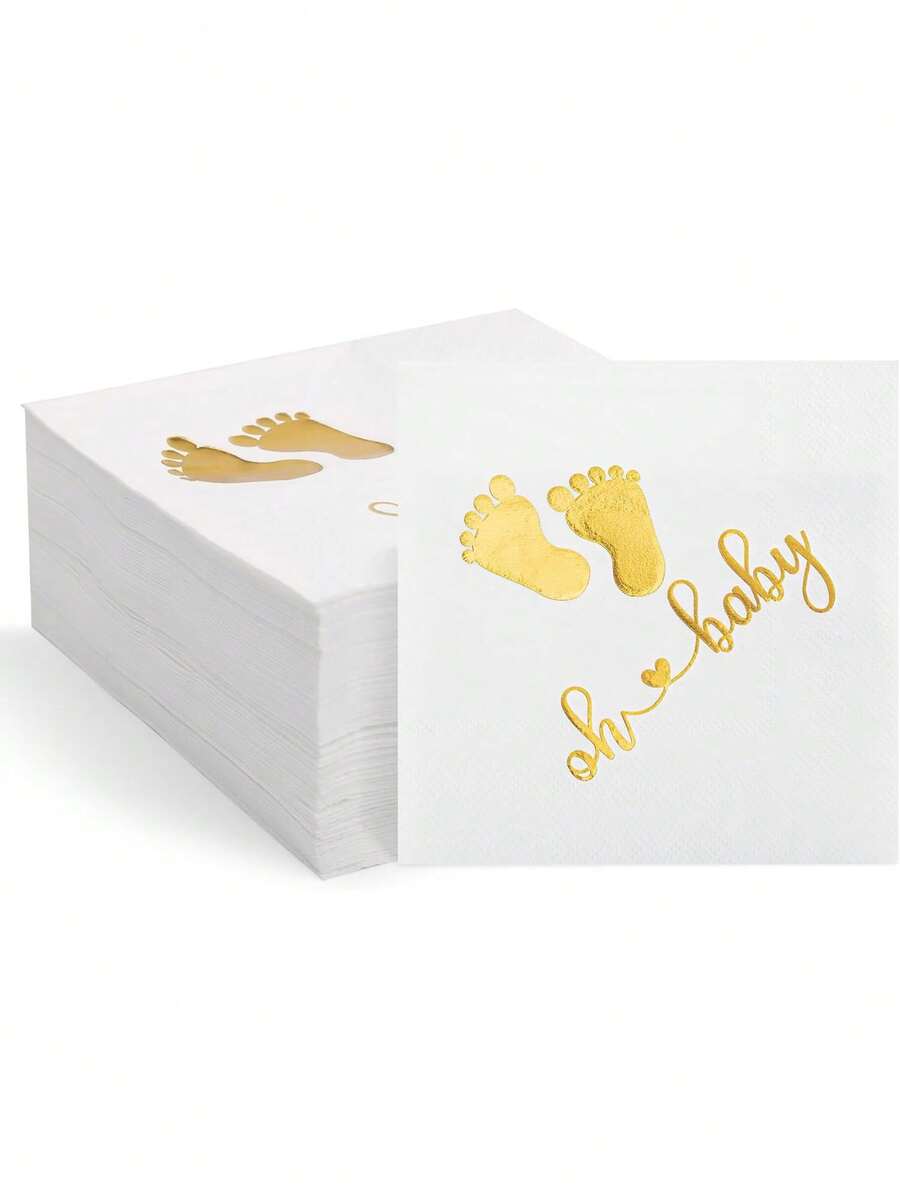 100张“Baby”印花餐巾纸，三层折叠金箔纸巾，适用于婴儿派对、性别揭晓派对、生日庆祝、新生儿派对——既美观又实用，营造节日氛围——必备婴儿派对装饰和餐具 - 紙 - 查看 1