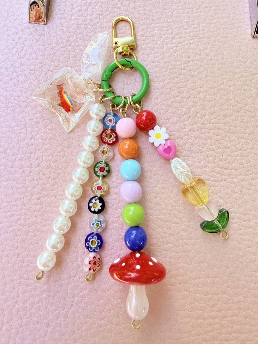 鱼形包包挂饰串珠郁金香钥匙扣蘑菇包包挂饰可爱背包配件金链钱包挂饰送给女孩和女士的礼物Y2K旅行必备卡哇伊 - 彩色 - 查看 1