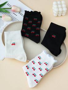 1/4 双装樱桃图案翻边中筒袜，女士可爱简约甜美风格薄袜，透气吸湿，时尚日常通勤休闲运动袜 - 彩色 - 查看 7