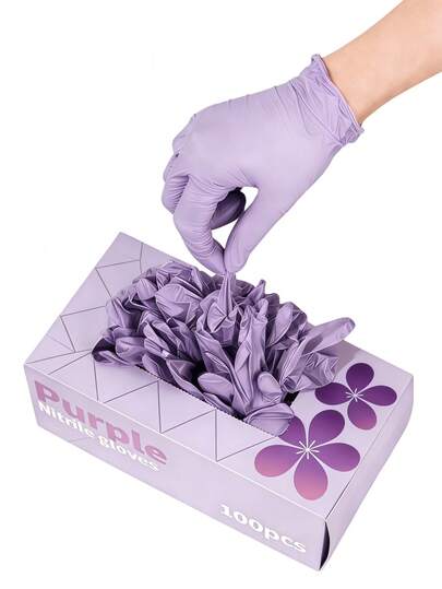 100 piezas Guantes desechables de nitrilo morado, guantes de limpieza doméstica de un solo uso duraderos, sin látex, impermeables y antiestáticos, guantes multiusos adecuados para la limpieza del hogar, la cocina, el baño y el hogar. Talla: S, M, L (sin incluir la caja de embalaje)