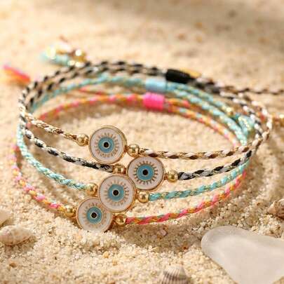 1PC Fashion Simple Devil's Eye Bracelet, Devil's Eye Bracelet, Transfer Bead Bracelet, Adjustable Woven Bracelet, Suitable For Daily Commuting, Couple Bracelet, Sisters Bracelet, Friendship Gift, Birthday Gift, Valentine's Day Gift, Sisters Gift, Anniversary Gift