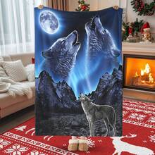 Wolf Howling At The Moon Mountain Night Cartoon Blanket Soft Cozy Multi Purpose Throw For Home Bedroom Living Room Sofa Gift - Multicolor - View 1