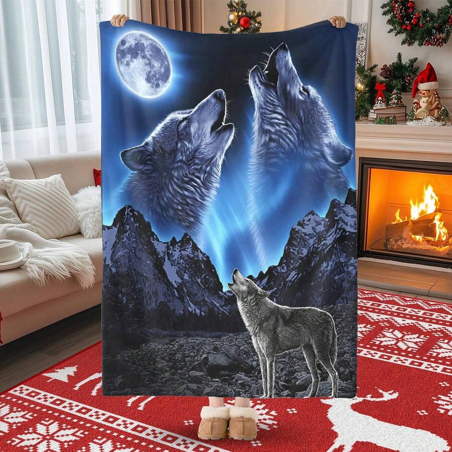 Wolf Howling At The Moon Mountain Night Cartoon Blanket Soft Cozy Multi Purpose Throw For Home Bedroom Living Room Sofa Gift - Multicolor - View 1