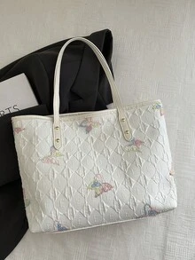 1件装女士时尚优雅撞色奢华约会/购物手提包，便携多功能大容量单肩包，适合旅行、户外活动 - 白色 - 查看 5