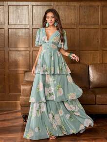 Faeriesty Đầm maxi nữ thanh lịch cổ chữ V sâu tay bồng: Đầm in hoa lãng mạn với tay chuông xếp ly, thiết kế cài nút ở eo, dáng chữ A xếp tầng và lưng hở - Hoàn hảo cho chụp ảnh cưới, dự tiệc cưới ngoài trời, kỷ niệm ngày cưới, kỳ nghỉ lãng mạn, tiệc tùng trang trọng trong nhà mùa xuân - màu xanh lá - Xem 9