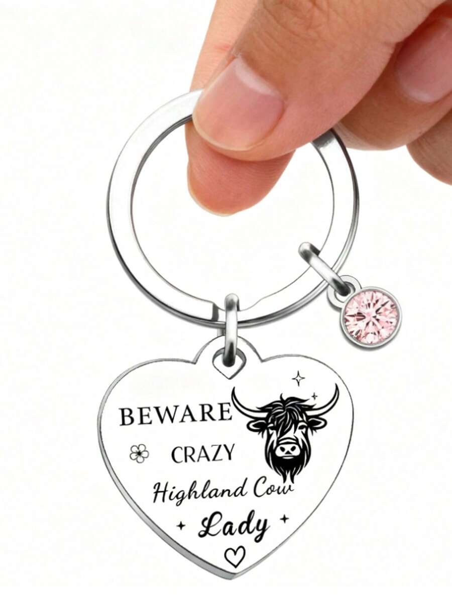 1件/套趣味高地牛钥匙扣礼品，动物爱好者礼物，“小心疯狂的高地牛女士”，高地牛爱好者礼物，优雅不锈钢休闲派对钥匙扣（女士款） - 彩色 - 查看 1
