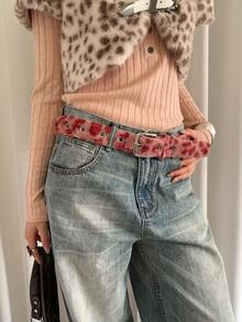 1pc Red & Pink PU Material American Chic Style Belt For Women To Pair With Jeans