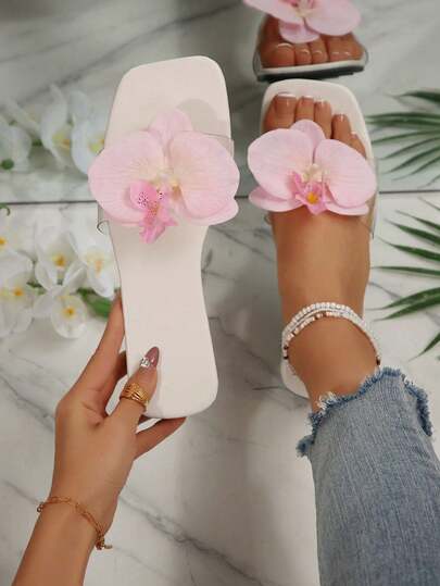 Fairy-Style Flat PVC Floral Slide Sandals For Women, Flat Summer New Gentle Fashion Niche Beach Slippers, Fashionable Versatile Comfortable