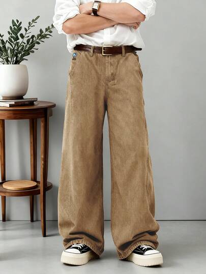 1 st. retro amerikanska herrjeans med lös passform, vida bruna ben, tecknad elefantbroderi, unisex (bälte och accessoarer ingår ej)