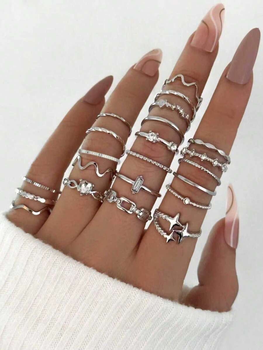 22/21pcs Heart-Shaped Fashion Rings, Minimalist Crystal Embedded Bohemian Geometric Ring Set, Gift For Valentine's Day, Mother's Day - Silver - View 1
