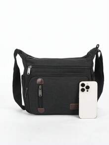 Men's Retro Large Capacity Shoulder Messenger Bag, Adjustable Strap Length, Casual Outdoor Crossbody Bag, Personalized Style, Suitable For Hiking, Shopping, Vacation, Gift For Boyfriend, Convenient For Travel - Black - View 6