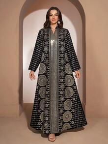 YISIKADO Damen Abendkleid, würdevoller V-Ausschnitt, besticktes Langarmkleid im arabischen Stil, geeignet für Geburtstagsfeiern, Hochzeitsgäste, Bankette, Abschlussfeiern, Feiern und andere Anlässe - Verschiedenfarbig - Übersicht 2