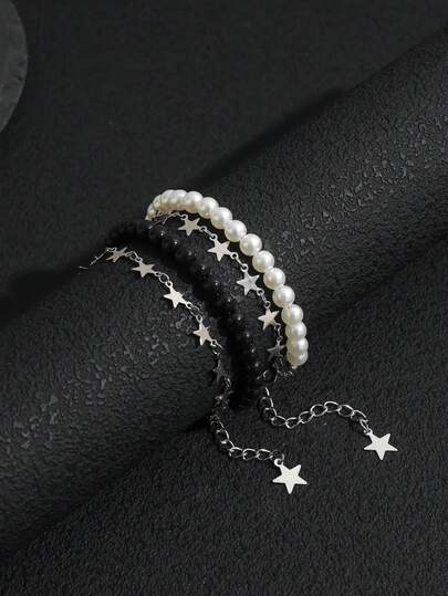 2pcs Handmade Beaded Black & White Star Sequin Stackable Bracelets, Minimalist Couples Everyday Wear