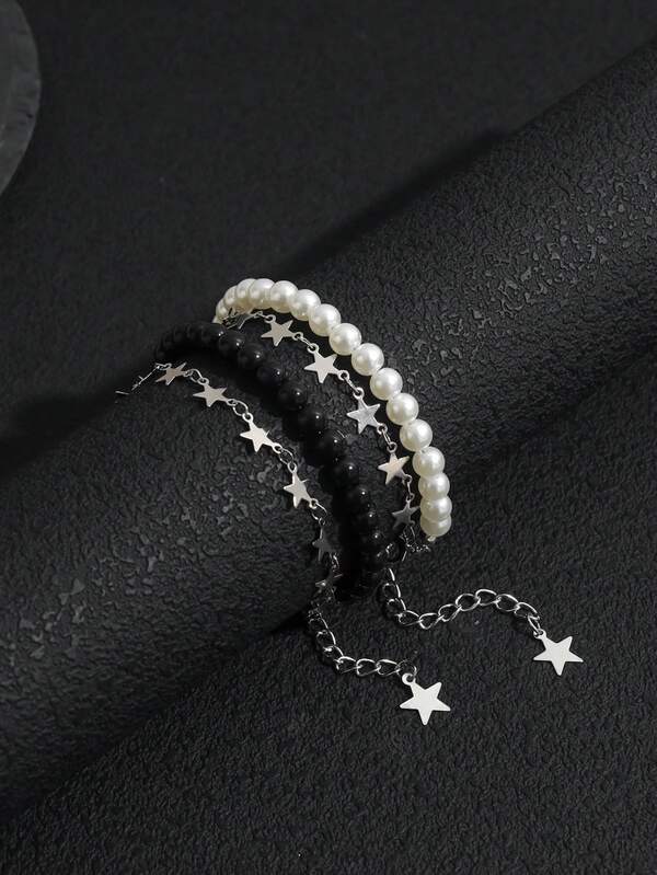 2pcs Handmade Beaded Black & White Star Sequin Stackable Bracelets, Minimalist Couples Everyday Wear