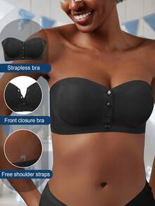 Black Glossy Push-Up Bra, Bandeau Style Design, Front Opening, Strapless, Lifting And Shaping Bust, Breathable And Stylish Back Design, Suitable For Daily Wear - Black - View 1