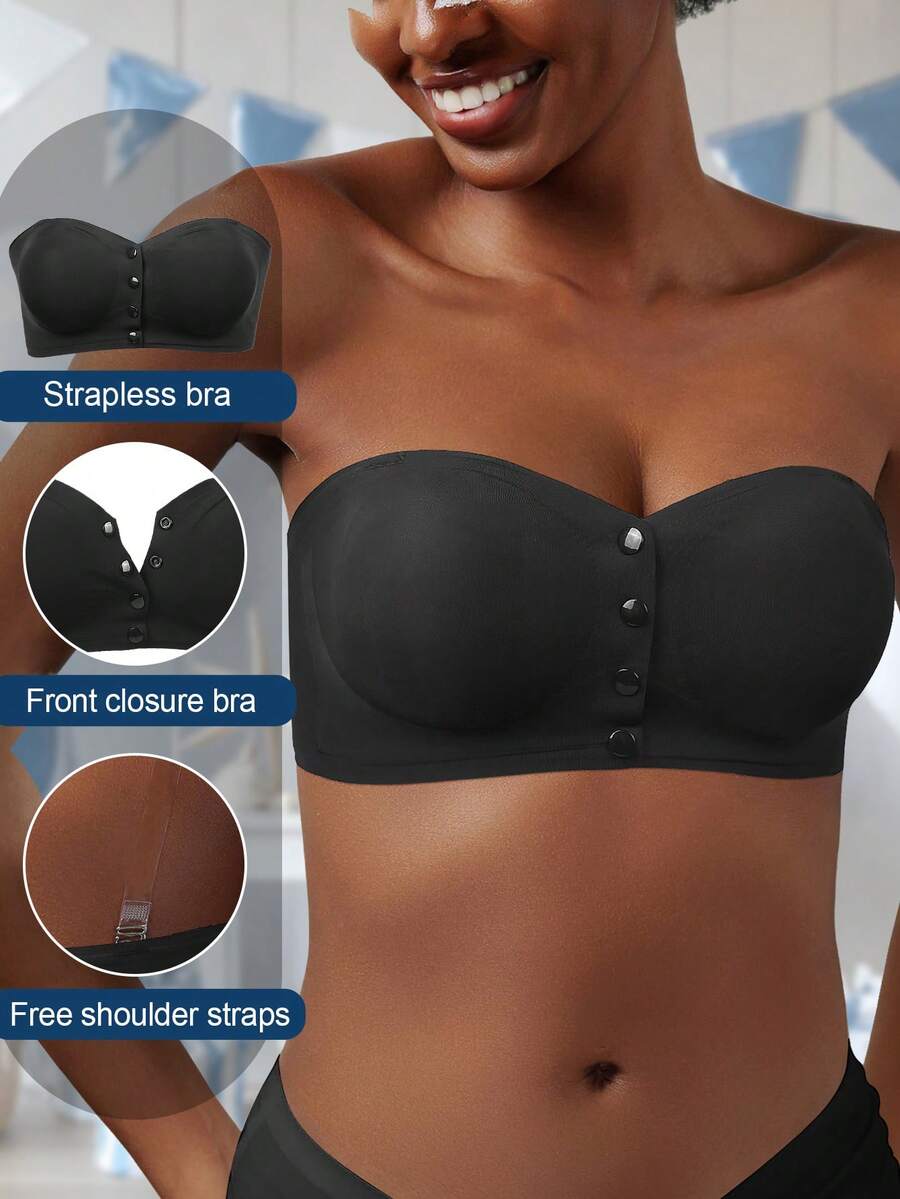 Black Glossy Push-Up Bra, Bandeau Style Design, Front Opening, Strapless, Lifting And Shaping Bust, Breathable And Stylish Back Design, Suitable For Daily Wear - Black - View 1