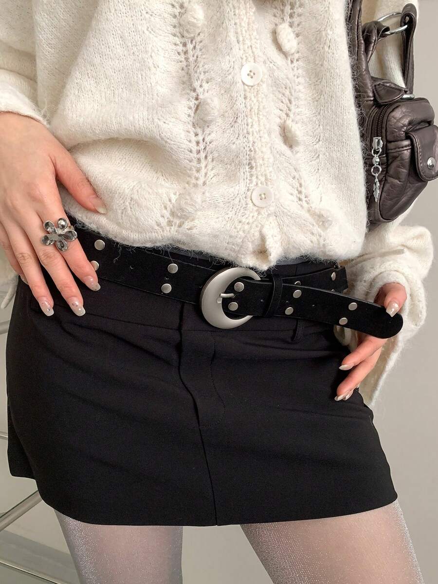 1pc Women's Black PU Leather Moon Buckle Rivet Waist Belt, Versatile - Black - View 1