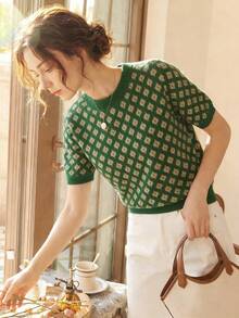 Knit Mix 法式风格女士针织通勤毛衣，花卉图案，撞色短袖T恤，适合春秋季节穿着，简约复古返校季秋季女装