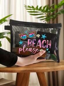 Large-Capacity Transparent Mesh Makeup Bag With"Beach Please" Pattern, Portable Travel Makeup Storage Bag, Colorful Beach-Themed Storage Bag With Zipper Closure,Makeup Bag, Skincare Bag,Portable Storage For Vacations And Travel, Summery Theme - Multicolor - View 8
