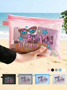 Large-Capacity Transparent Mesh Makeup Bag With"Beach Please" Pattern, Portable Travel Makeup Storage Bag, Colorful Beach-Themed Storage Bag With Zipper Closure,Makeup Bag, Skincare Bag,Portable Storage For Vacations And Travel, Summery Theme - Multicolor - View 1