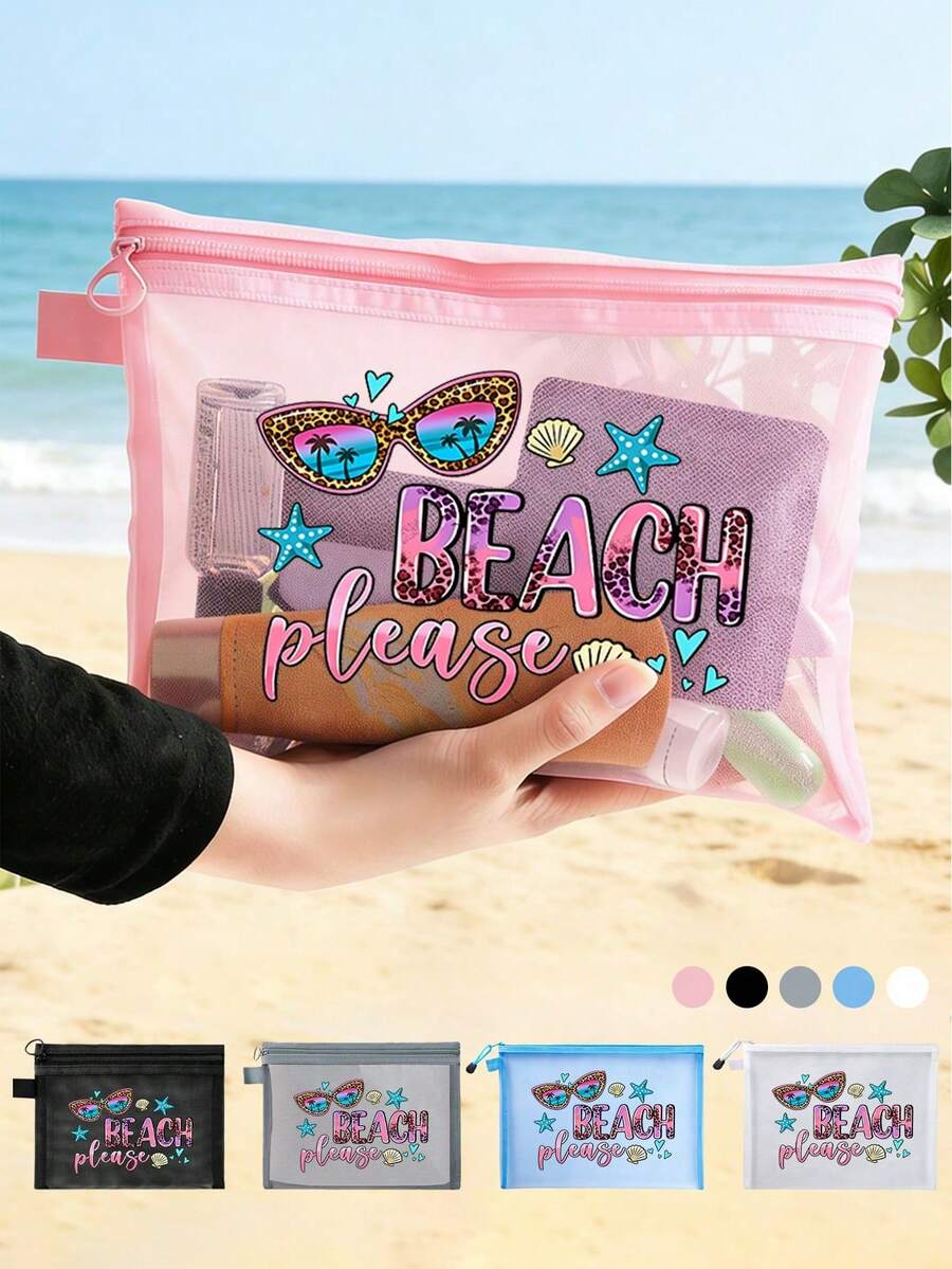 Large-Capacity Transparent Mesh Makeup Bag With"Beach Please" Pattern, Portable Travel Makeup Storage Bag, Colorful Beach-Themed Storage Bag With Zipper Closure,Makeup Bag, Skincare Bag,Portable Storage For Vacations And Travel, Summery Theme - Multicolor - View 1