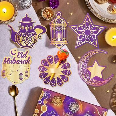 48pcs Eid Mubarak Lollipop Paper Cards, Multi-Pack Party Favors, Moon & Star Castle Lantern Lollipop Paper Cards, Ramadan Home Decor, Happy Eid Mubarak! Ramadan Kareem Decor, Best Wishes For Eid Al-Fitr!