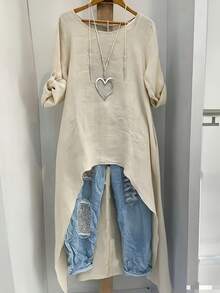 Women's Linen Irregular Long Top, Round Neck Loose Shirt, Lightweight And Breathable, Layered And Stylish, Retro High-Low Hem, Versatile And Fashionable Top For Spring And Summer. - 杏色 - 查看 5