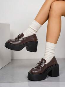 Nouvelles arrivées Femmes Mocassins décontractés de mi-talon noirs avec décoration de nœud papillon, convient pour l'école/le printemps, talons compensés - Tabac - Voir 6