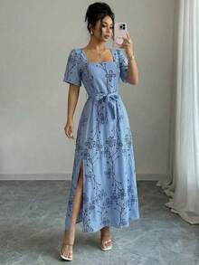 Long Floral Dress, Spring/Summer Style, Evangelical Fashion, With Elastic Waistband And Removable Tie Belt. - 藍色 - 查看 2