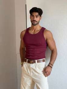 Men's Basic Casual Cotton Tank Top, Star Boy Style - 酒紅色 - 查看 1