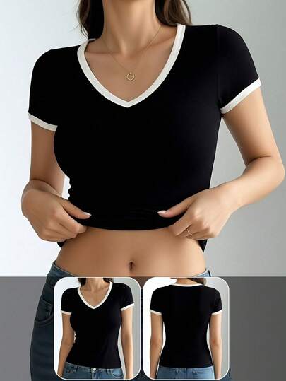 1件女士休闲舒适时尚二合一短袖T恤，黑白拼接撞色V领上衣，修身套头衫