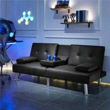 Convertible Sofa Bed Adjustable Couch Sleeper Modern Faux Leather Recliner Reversible Loveseat Folding Daybed Guest Bed, Removable Armrests, Cup Holders, 3 Angles, 772lb Capacity, Black - 黑色 - 查看 7