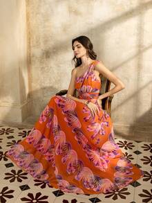 Faeriesty Elegant Women's Glamorous Chiffon Long Formal Dress With One Shoulder And Flared Hem, Sleeveless Flowing Design Perfect For Evening Events - Orange - View 6
