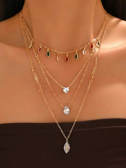 3pcs/Set Fashionable & Elegant Colorful Rhinestone Tassel Necklace, Versatile Zirconia Pendant Layered Necklace Jewelry, Suitable For Daily Wear And Party