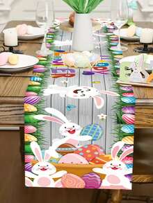 1pc Easter Decorative Table Runner, 180cm X 33cm/70.8" X 12.9", Easter Joyful Party Table Decor, Rabbit & Egg Pattern Home Kitchen Decor, Durable Polyester Material, Holiday Party Supplies, Easter Decoration Party Supplies. - Multicolor - View 7