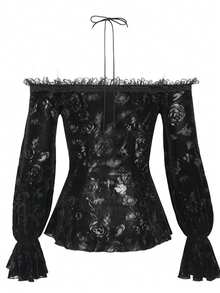 Gothic Dark Velvet Cold Shoulder Top, Lace Hollow-Out Embroidered Halter Tight Fitting Romantic Dark Shirt - Black - View 5
