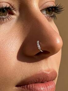 1pc Dazzling Cubic Zirconia Nose Cuff – 2-Tone (Gold & Silver) Adjustable Non-Piercing Nose Ring, Sparkling Rhinestone Facial Jewelry For Everyday & Special Occasion Glam - 銀色 - 查看 6