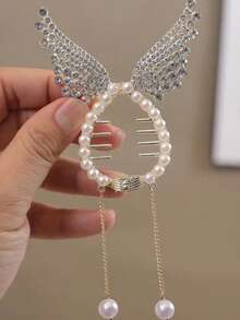 1个/2个优雅水钻猫兔发夹，可爱甜美流苏珍珠吊坠圆形发夹，女士/女孩闪亮水钻兔耳发夹，日常配饰 - 彩色 - 查看 2