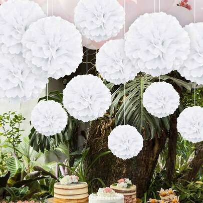 20pcs White Paper Flower Poms, Wedding Party Decor Flower Balls Hanging Decoration, Bridal, Birthday Party Background Decoration Pompoms, Hanging Flower Ball Paper Fan Lantern, Suitable For Holidays, Anniversaries, Wedding, Valentine's Day Decorations