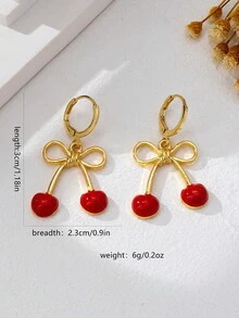 一对红色樱桃水滴耳环，可爱精致的蝴蝶结设计耳环，甜美优雅的女士耳环，派对和情人节礼物 - 彩色 - 查看 2