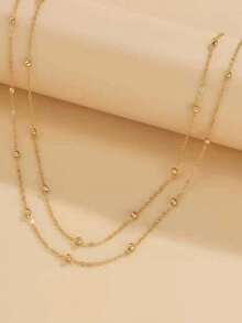 1pc Stainless Steel Double Layer Bead Chain Necklace, Fashion Minimalist Layered Beaded Necklace, Lightweight Luxury Unique Necklace Accessory Suitable For Girls And Women (Random Bead Quantity) - Gold - View 3