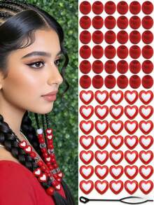 60件套亮丽“LOVE”字母螺旋发饰套装，甜美又不失嘻哈风发珠 - 适合作为礼物、派对、表演、生日派对、新年礼物、斋月礼物、日常佩戴 - 紅色 - 查看 5