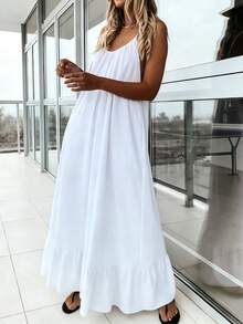 Đầm dự tiệc cưới/mùa hè màu trắng trơn, chất liệu vải dệt, không lưng, xếp ly, dành cho nữ cỡ lớn, màu trắng thanh lịch. - trắng - Xem 4