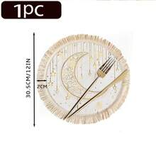 1/4/6pcs Middle East Festival Series Golden Crescent Moon With Vine Patterns & Hanging Golden Stars, Paired With Golden & Yellow Spots Linen Printed Tassel Placemats/Coasters, Elegant Ramadan Moonlight Round Placemats/Coasters, Polyester With Floral Border, Hand Washable - Ideal For Dining Tables - Multicolor - View 15