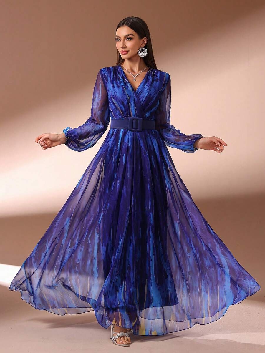 Elegant Women's Long Sleeve Tie A-Line Flared Woven Fabric Dress, Suitable For Parties And Formal Occasions Vacation - Blue - View 1