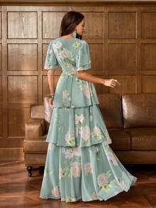 Faeriesty Đầm maxi nữ thanh lịch cổ chữ V sâu tay bồng: Đầm in hoa lãng mạn với tay chuông xếp ly, thiết kế cài nút ở eo, dáng chữ A xếp tầng và lưng hở - Hoàn hảo cho chụp ảnh cưới, dự tiệc cưới ngoài trời, kỷ niệm ngày cưới, kỳ nghỉ lãng mạn, tiệc tùng trang trọng trong nhà mùa xuân - màu xanh lá - Xem 2