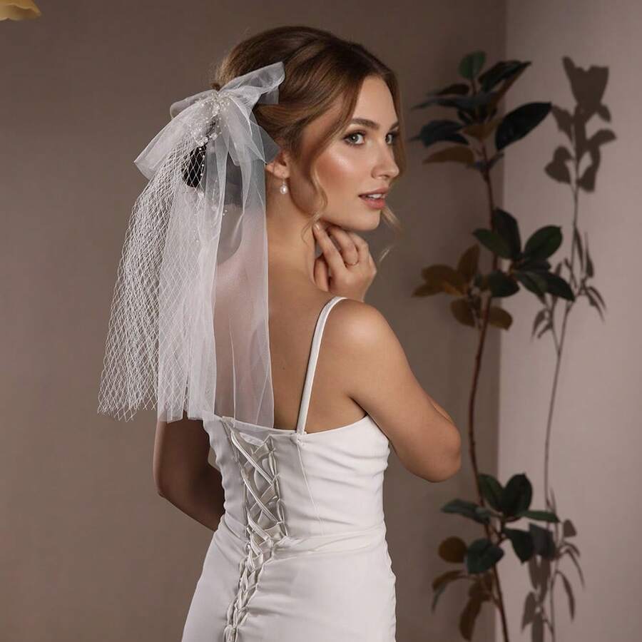 1pc Handmade Beaded Faux Pearl Large Grid Tulle Veil, Minimalist Bridal Veil For Wedding, Engagement, Valentine's Day - White - View 1