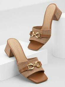 Athlefit Women's Raffia Heeled Sandals Square Open Toe Slip On Mules Chunky Block Heels With Metal Chain For Summer Vacation - Brown Raffia - View 5