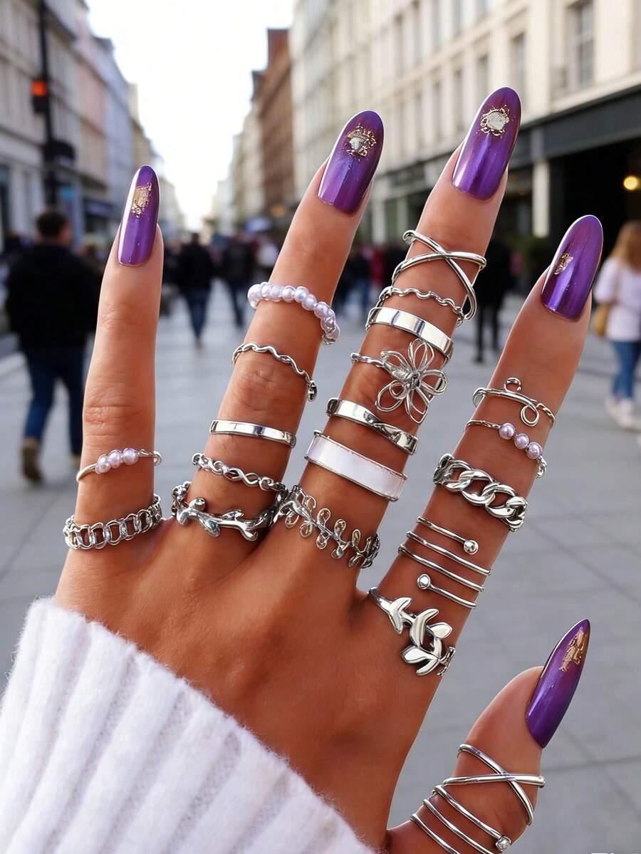 21件套女士可调节戒指套装 - 可叠戴金色水钻珍珠/链条/几何图案多款时尚指环饰品，适合日常和派对装扮 - 彩色 - 查看 1